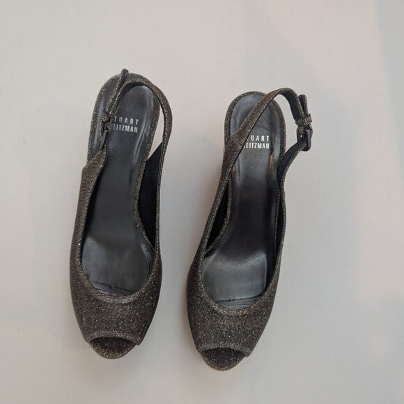 Stuart Weitzman Sparkly Gilver Gold High Wedge Heels, Sz 7.5 - Picture 3 of 4